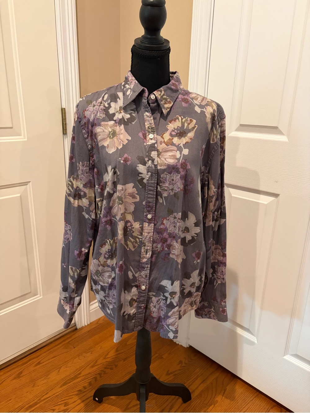 Chaps Floral Button-Down Shirt in Gray and Purple
